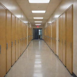 A quiet, clean school hallway illuminated brightly with numerous classroom doors lining both sides. The atmosphere is calm and academic sans any lockers, focusing purely on the doors leading to education.