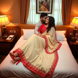 A romantic and intimate scene set in a cozy hotel room