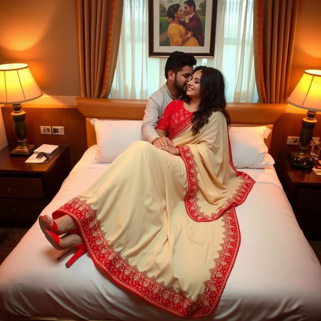 A romantic and intimate scene set in a cozy hotel room