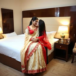 A romantic and intimate scene set in a cozy hotel room