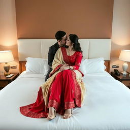 A romantic and intimate scene set in a cozy hotel room