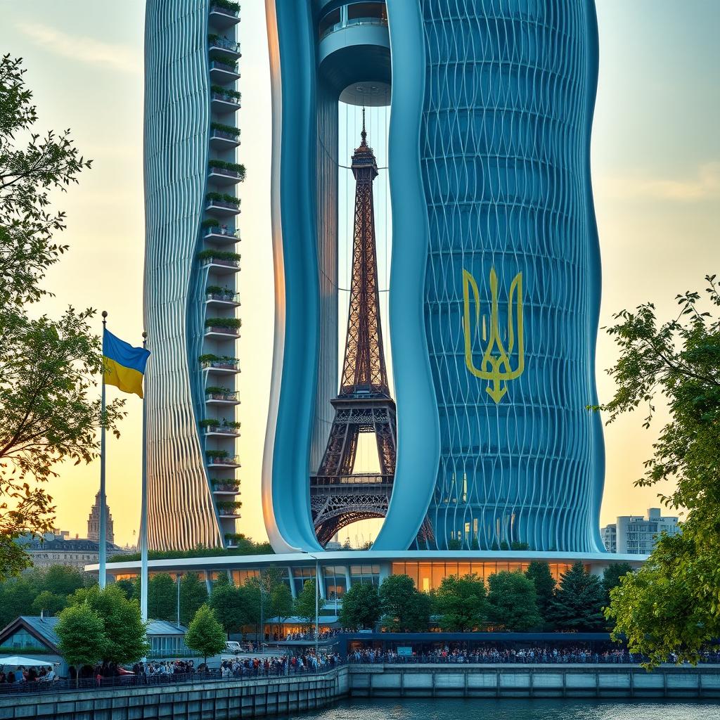 A fully visible bionically shaped skyscraper with smooth lines and zigzags, showcasing its complete height including the top, located in Paris