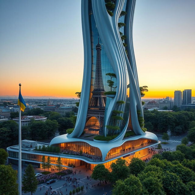 A fully visible bionically shaped skyscraper with smooth lines and zigzags, showcasing its complete height including the top, located in Paris