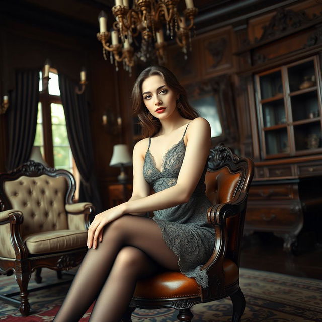 Elegant woman wearing sheer black stockings, gracefully seated in a classic Victorian-era room