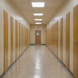 A quiet, clean school hallway illuminated brightly with numerous classroom doors lining both sides. The atmosphere is calm and academic sans any lockers, focusing purely on the doors leading to education.