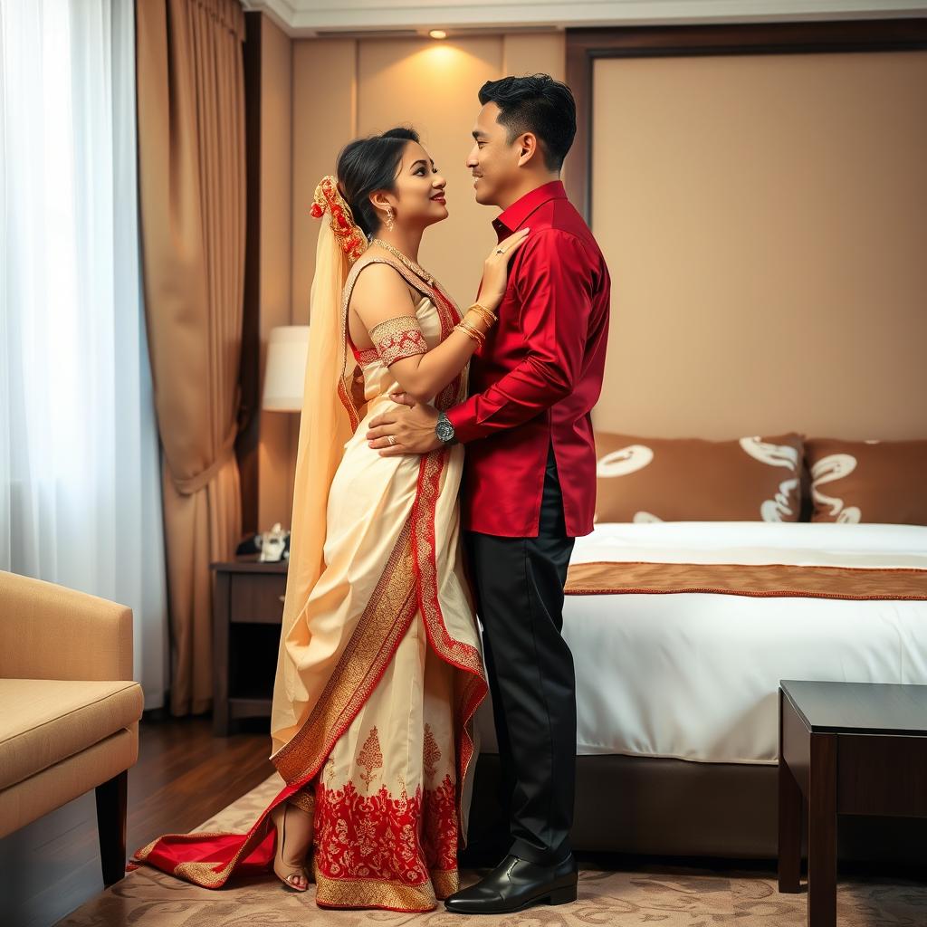 An intimate moment between an Indonesian couple in a cozy hotel room