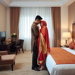 An intimate moment between an Indonesian couple in a cozy hotel room