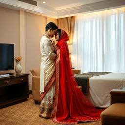 An intimate moment between an Indonesian couple in a cozy hotel room