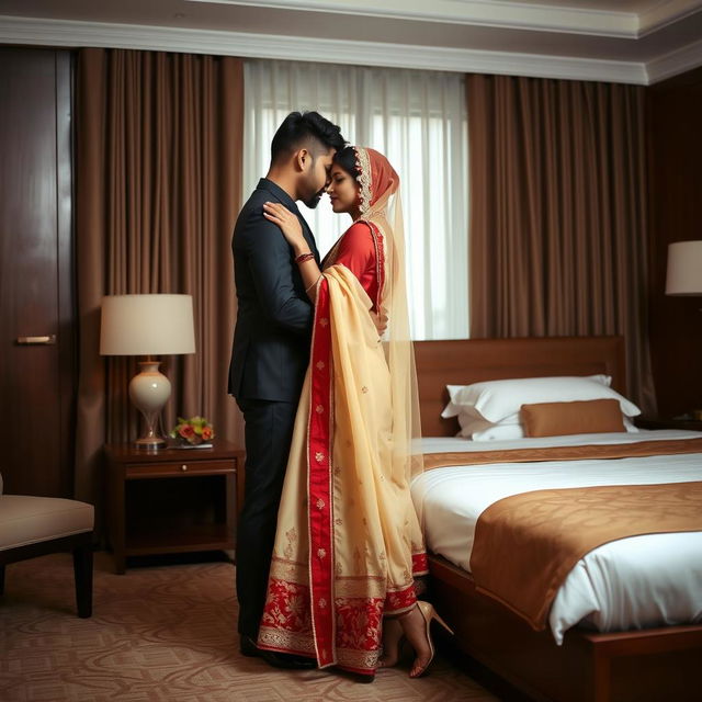 An intimate moment between an Indonesian couple in a cozy hotel room