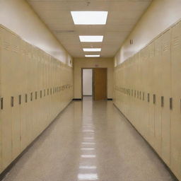 A quiet, clean school hallway illuminated brightly with numerous classroom doors lining both sides. The atmosphere is calm and academic sans any lockers, focusing purely on the doors leading to education.