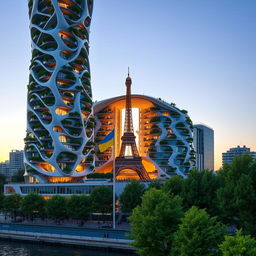 A completely visible bionically shaped skyscraper with smooth, flowing lines and zigzags, prominently displaying its full height including the top, situated in Paris