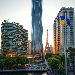 A completely visible bionically shaped skyscraper with smooth, flowing lines and zigzags, prominently displaying its full height including the top, situated in Paris