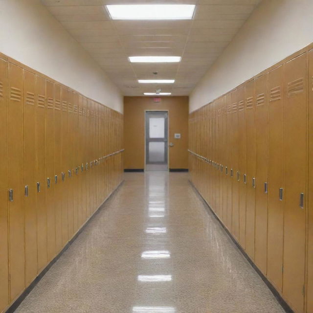 A quiet, clean school hallway illuminated brightly with numerous classroom doors lining both sides. The atmosphere is calm and academic sans any lockers, focusing purely on the doors leading to education.