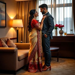 A romantic and intimate scene featuring an American couple in a stylish hotel room