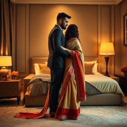 A romantic and intimate scene featuring an American couple in a stylish hotel room