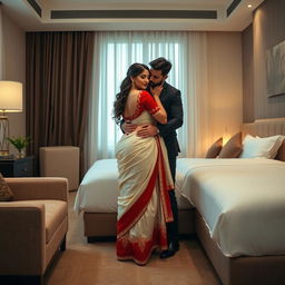 A romantic and intimate scene featuring an American couple in a stylish hotel room