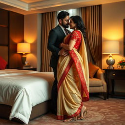 A romantic and intimate scene featuring an American couple in a stylish hotel room