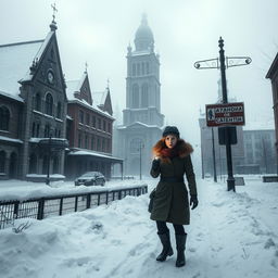 A mysterious ghost city blanketed in snow during a harsh Russian winter, with an eerie atmosphere