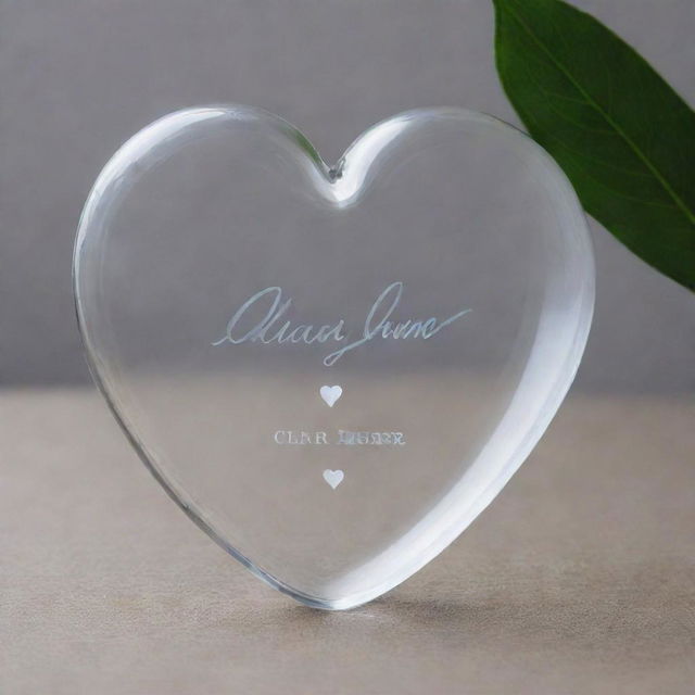 A beautifully crafted heart made of translucent glass with the name 'Clair De Lune' engraved on it in elegant script.