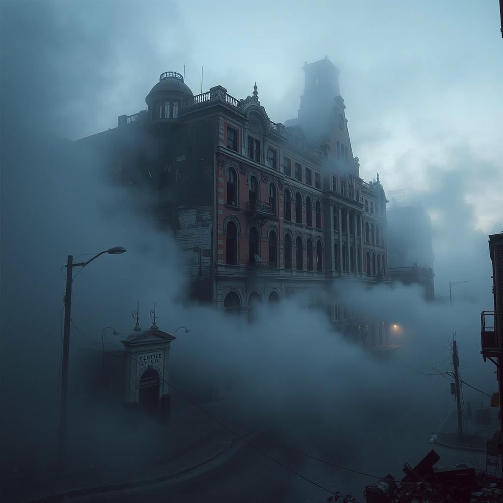 A hauntingly beautiful ghost city, shrouded in mist and mystery