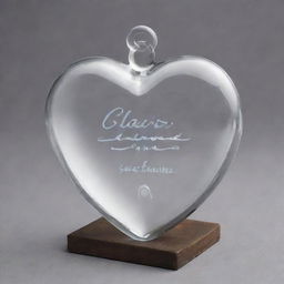 A beautifully crafted heart made of translucent glass with the name 'Clair De Lune' engraved on it in elegant script.