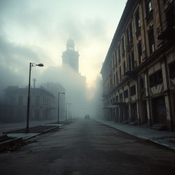 A hauntingly beautiful ghost city, shrouded in mist and mystery