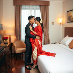 A romantic and intimate Thai couple sharing a tender moment in a cozy hotel room, known for its inviting and warm atmosphere