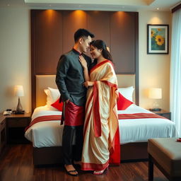 A romantic and intimate Thai couple sharing a tender moment in a cozy hotel room, known for its inviting and warm atmosphere