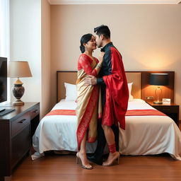 A romantic and intimate Thai couple sharing a tender moment in a cozy hotel room, known for its inviting and warm atmosphere