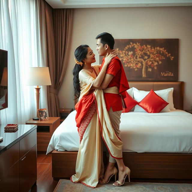 A romantic and intimate Thai couple sharing a tender moment in a cozy hotel room, known for its inviting and warm atmosphere