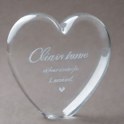 A beautifully crafted heart made of translucent glass with the name 'Clair De Lune' engraved on it in elegant script.