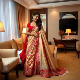 A romantic scene featuring a model in an elegant muga, cream, and red colored chadar, paired with a red mekhela blouse and high heels, enjoying an intimate moment with her partner in a cozy hotel room