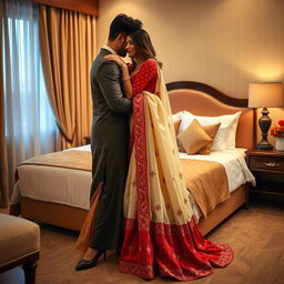 A romantic scene featuring a model in an elegant muga, cream, and red colored chadar, paired with a red mekhela blouse and high heels, enjoying an intimate moment with her partner in a cozy hotel room