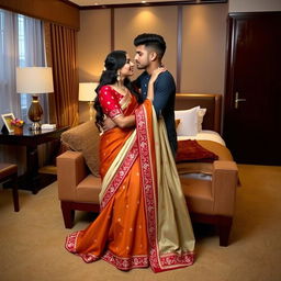 A romantic scene featuring a model in an elegant muga, cream, and red colored chadar, paired with a red mekhela blouse and high heels, enjoying an intimate moment with her partner in a cozy hotel room