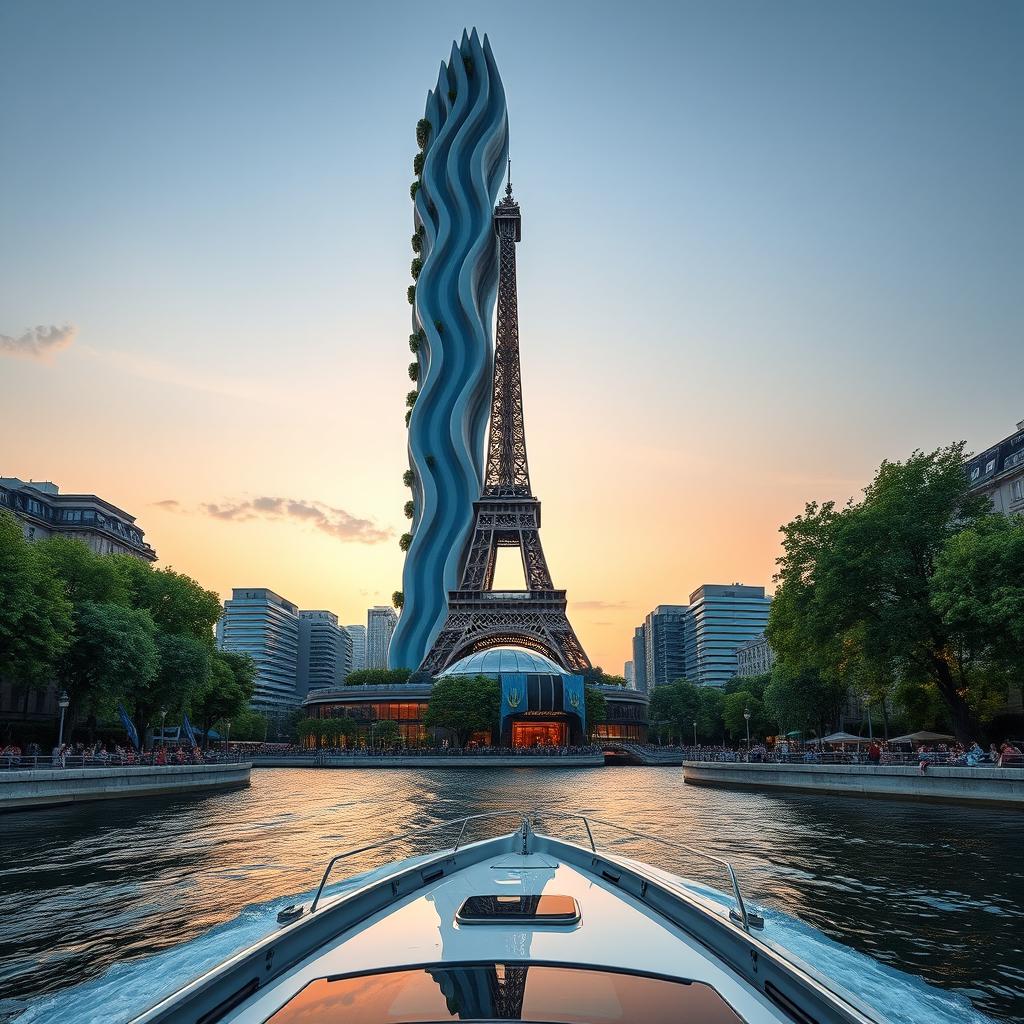 A view from a yacht sailing down a river reveals a fully visible bionically shaped skyscraper in Paris, complete with smooth lines and zigzags, prominently showcasing its full height including the top