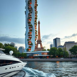 A view from a yacht sailing down a river reveals a fully visible bionically shaped skyscraper in Paris, complete with smooth lines and zigzags, prominently showcasing its full height including the top