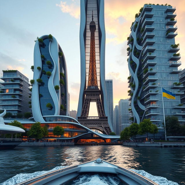 A view from a yacht sailing down a river reveals a fully visible bionically shaped skyscraper in Paris, complete with smooth lines and zigzags, prominently showcasing its full height including the top