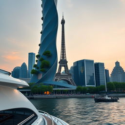 A view from a yacht sailing down a river reveals a fully visible bionically shaped skyscraper in Paris, complete with smooth lines and zigzags, prominently showcasing its full height including the top