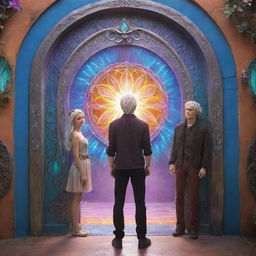 Ethan, a young man, meets Elara, a radiant fairy with silver hair. They stand in front of a vibrant, magic door radiating with captivating aura and mystical symbols.