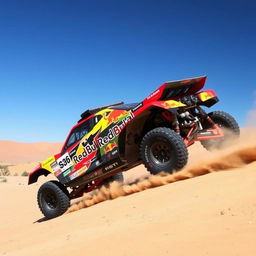 Rally raid car racing through a desert landscape, with dust trailing behind, equipped with specialized off-road tires, a powerful engine, and reinforced body frame