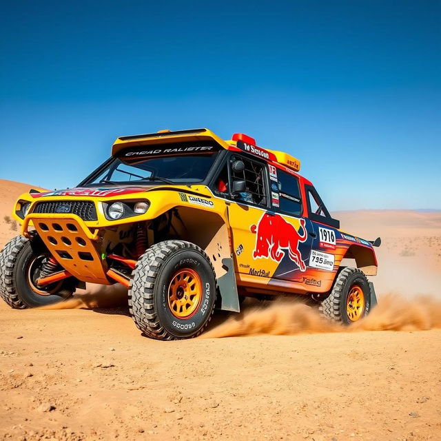 Rally raid car racing through a desert landscape, with dust trailing behind, equipped with specialized off-road tires, a powerful engine, and reinforced body frame