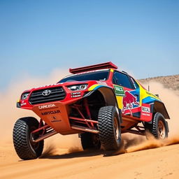 Rally raid car racing through a desert landscape, with dust trailing behind, equipped with specialized off-road tires, a powerful engine, and reinforced body frame