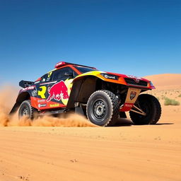 Rally raid car racing through a desert landscape, with dust trailing behind, equipped with specialized off-road tires, a powerful engine, and reinforced body frame