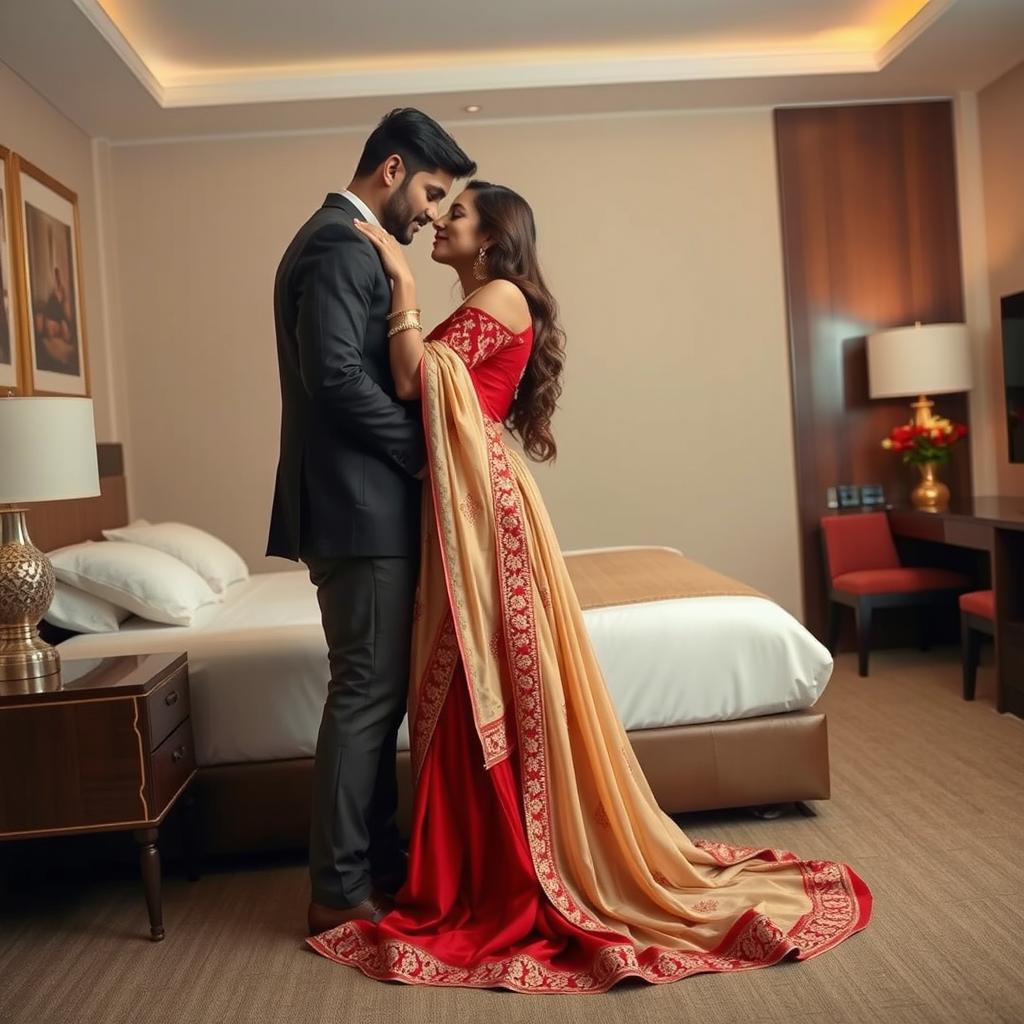 A romantic scene featuring a model in an elegant muga, cream, and red colored chadar, paired with a red mekhela blouse and high heels, sharing an intimate moment with her partner in a cozy hotel room