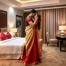 A romantic scene featuring a model in an elegant muga, cream, and red colored chadar, paired with a red mekhela blouse and high heels, sharing an intimate moment with her partner in a cozy hotel room