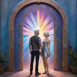 Ethan, a young man, meets Elara, a radiant fairy with silver hair. They stand in front of a vibrant, magic door radiating with captivating aura and mystical symbols.