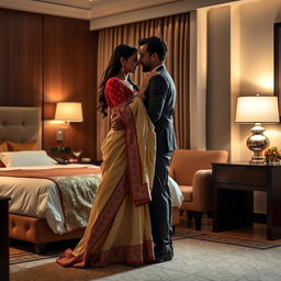 A romantic scene featuring a model in an elegant muga, cream, and red colored chadar, paired with a red mekhela blouse and high heels, sharing an intimate moment with her partner in a cozy hotel room