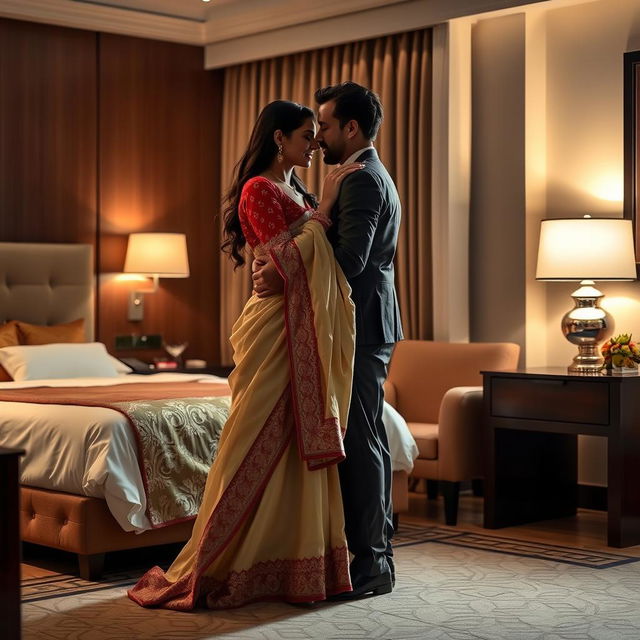 A romantic scene featuring a model in an elegant muga, cream, and red colored chadar, paired with a red mekhela blouse and high heels, sharing an intimate moment with her partner in a cozy hotel room