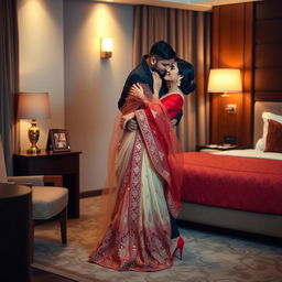 A romantic scene featuring a model in an elegant muga, cream, and red colored chadar, paired with a red mekhela blouse and high heels, sharing an intimate moment with her partner in a cozy hotel room