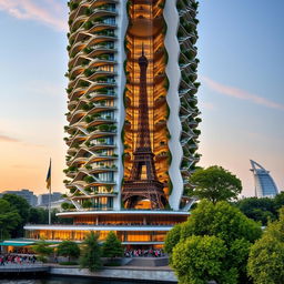 A fully visible bionically shaped skyscraper with smooth lines and zigzags, showcasing its complete height including the top, located in Paris